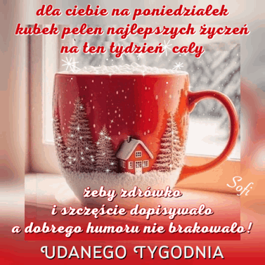 Czerwony kubek z zimowym motywem domku, choinek i życzenia na udany tydzień
