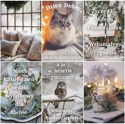 Kola� zdj�� zimowych z kotem, s�wk�, �wiecami, poduszkami i napisami z powitaniem tygodnia