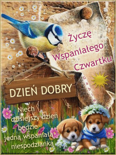 Niebieska sikorka, dwa ma�e szczeniaki w wianku, kwiaty i napis Dzie� Dobry �ycz� Wspania�ego Czwartku