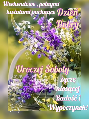 Bukiet kolorowych polnych kwiat�w w wazonie z napisem Dzie� Dobry i Uroczej Soboty