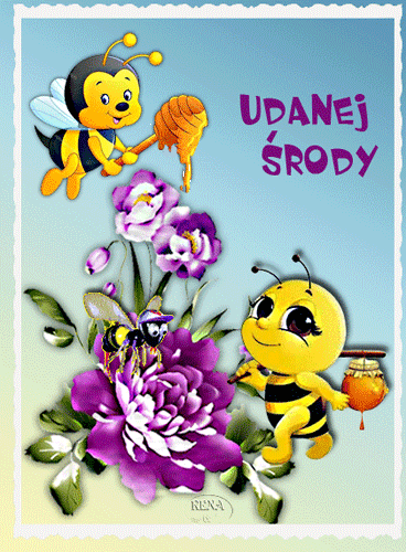 Dwie u�miechni�te pszczo�y, fioletowe kwiaty, s�oik miodu oraz napis Udanej �rody