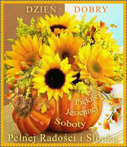 Bukiet ��tych s�onecznik�w w dyni z napisem Dzie� Dobry i �yczeniami pi�knej soboty