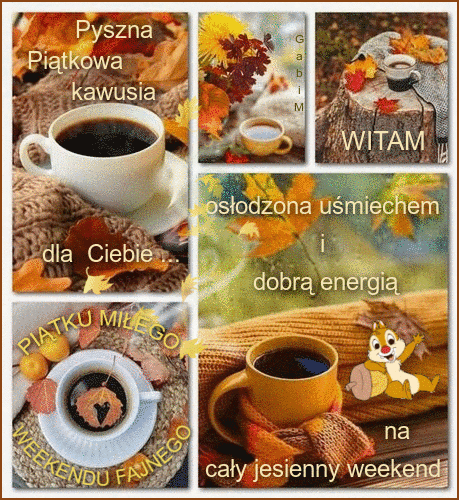 Jesienne fili�anki kawy, kolorowe li�cie, szalik, wiewi�rka z �o��dziem i napisy z pozdrowieniami