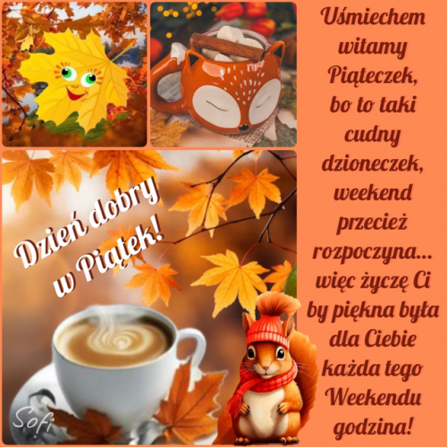 Jesienne li�cie, kubek kawy, lis, wiewi�rka i napis o pi�tku na pomara�czowym tle