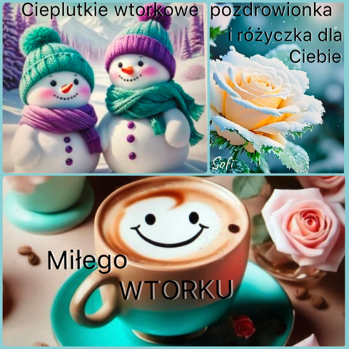 Dwa ba�wanki w czapkach, bia�a r�a i kubek kawy z u�miechem i napisem Mi�ego wtorku