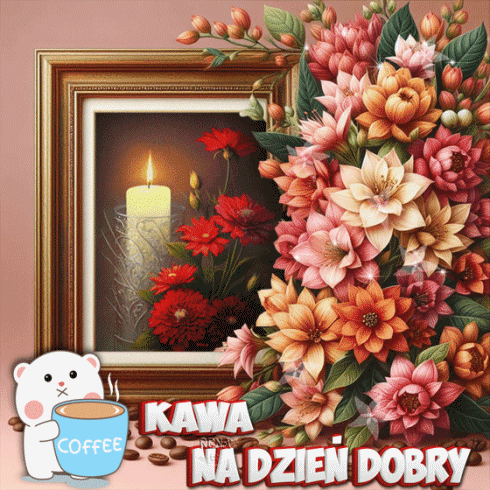 Z�ota rama z p�on�c� �wiec� i kwiatami, obok bia�y mi� z kubkiem kawy i napisem