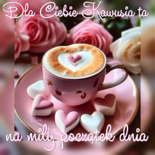 R�owa fili�anka kawy z piank� w kszta�cie serca, pianki i r�owe r�e w tle