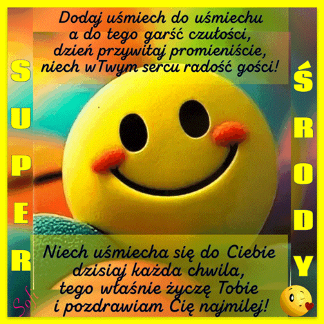 Żółta uśmiechnięta buźka, kolorowe tło, napisy z życzeniami i wielki napis Super Środy