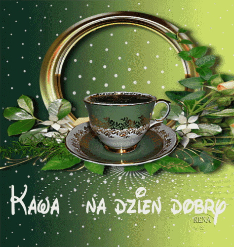 Zielona filiżanka kawy na talerzyku, ozdobna rama, liście, kwiaty i napis Kawa na dzień dobry