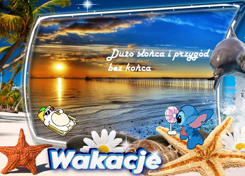 Tropikalny zachód słońca nad morzem, delfin, postać Stitcha, muszle, rozgwiazdy oraz napisy Wakacje