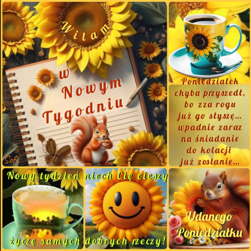 Kolorowy kola� ze s�onecznikami, kubkami kawy, wiewi�rkami i napisem Witam w Nowym Tygodniu