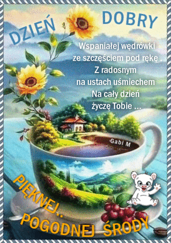 Fili�anka z widokiem na krajobraz, s�oneczniki, bia�y mi�, czerwone owoce i napis Dzie� Dobry