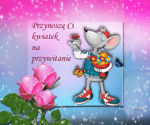 Szara myszka trzyma bukiet kwiat�w, obok r�owe r�e, motyle i napisy o przywitaniu