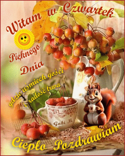 Wiewi�rka z fili�ank�, dzbanek z ga��zkami rajskich jab�uszek, ��te s�o�ce i jesienne napisy