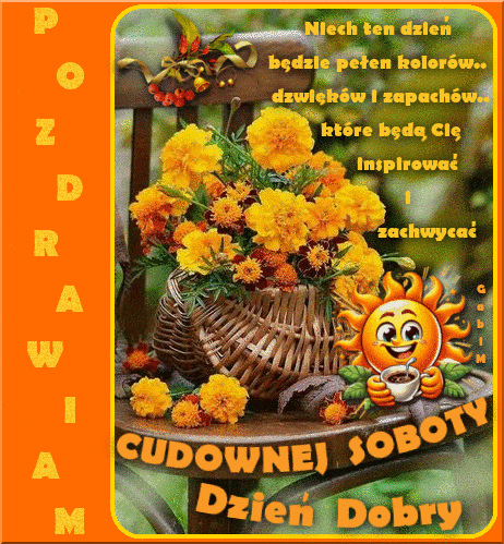 ��te kwiaty w koszu na krze�le, u�miechni�te s�o�ce z fili�ank� kawy i napisy