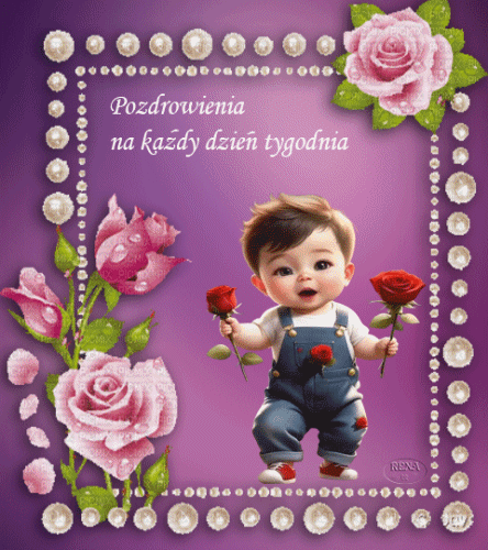 Ma�y ch�opiec w ogrodniczkach trzyma czerwone r�e na fioletowym tle z napisem Pozdrowienia