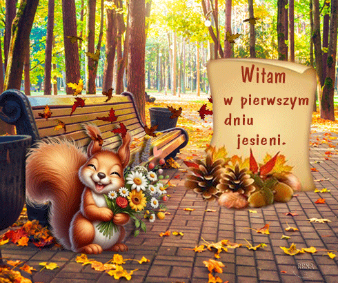 U�miechni�ta wiewi�rka trzyma bukiet kwiat�w w jesiennym parku obok pergaminu z napisem Witam w pierwszym dniu jesieni