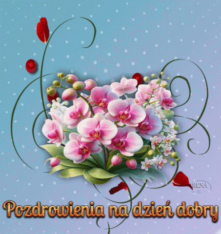 R�owe storczyki na b��kitnym tle w kropki z napisem Pozdrowienia na dzie� dobry