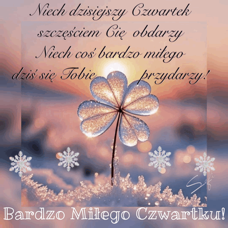 B�yszcz�ca czterolistna koniczyna w �niegu, p�atki �niegu oraz pozdrowienia na czwartek