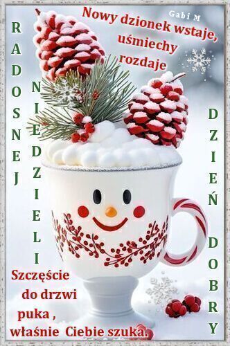Bia�y kubek ze �nieynkow� twarz�, piankami, szyszkami i ga��zkami igliwia oraz napisy