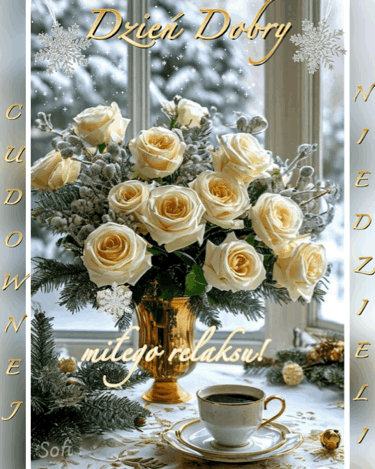 Bia�e r�e w z�otym wazonie, fili�anka kawy i zimowy krajobraz za oknem