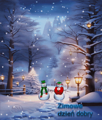 Dwa ba�wanki w za�nie�onym parku zim�, latarnie uliczne, padaj�cy �nieg i napis Zimowe dzie� dobry