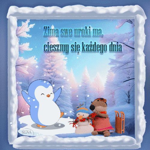 Zimowy pejzaż, tańczący niebieski pingwin, bałwan, pluszowy bóbr, sanie i napisy w zimowej scenerii