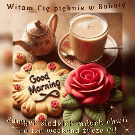 Szklanka kawy, czajniczek, ozdobne ciasteczko z napisem Good Morning i czerwona róża z życzeniami