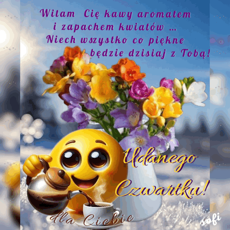 Żółte emoji nalewa kawę z dzbanka do filiżanki, obok wazon z kolorowymi kwiatami