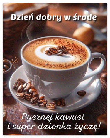 Filiżanka aromatycznej kawy z pianką i ziarnami na spodku, napis Dzień dobry w środę
