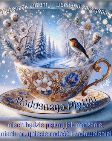 Zdobiona filiżanka z zimowym pejzażem, ptaszkiem i napisem Radosnego Piątku