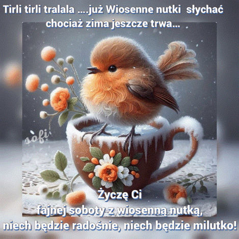 Puchaty ptaszek siedzi w fili�ance z kwiatami na tle zimowego krajobrazu z napisem