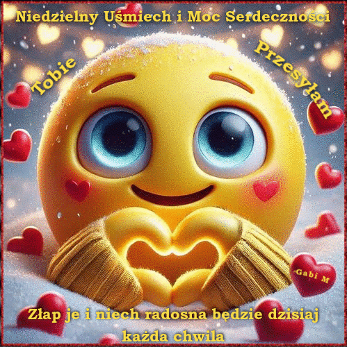��ta emotikon z wielkimi oczami robi d�onie w kszta�cie serca otoczona czerwonymi serduszkami i napisami