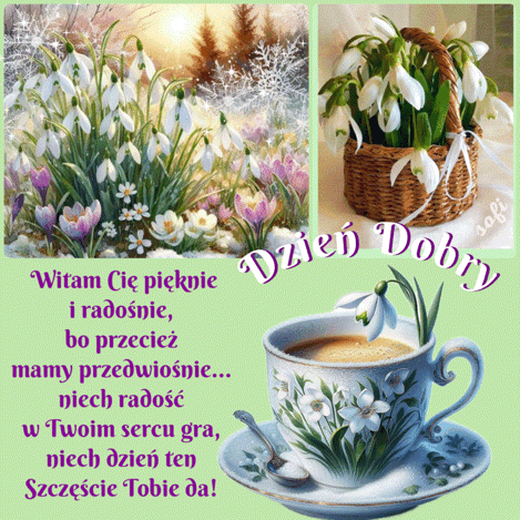Przedwiosenny widok z przebi�niegami, koszykiem kwiat�w, fili�ank� kawy i napisem Dzie� Dobry