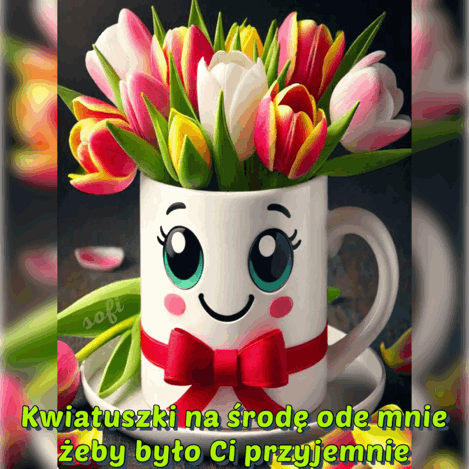 Bia�y kubek z buzi� i czerwon� kokard� wype�niony kolorowymi tulipanami i napis
