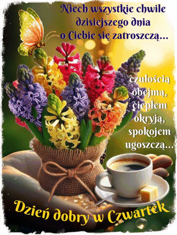 Bukiet kolorowych hiacynt�w w jutowym worku, motyl, fili�anka kawy i napisy z �yczeniami