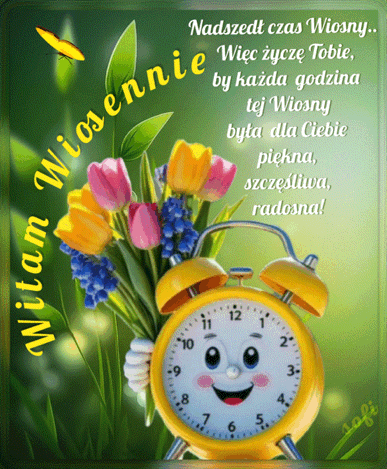 ��ty budzik z buzi� trzyma bukiet tulipan�w, motyl i wiosenne �yczenia