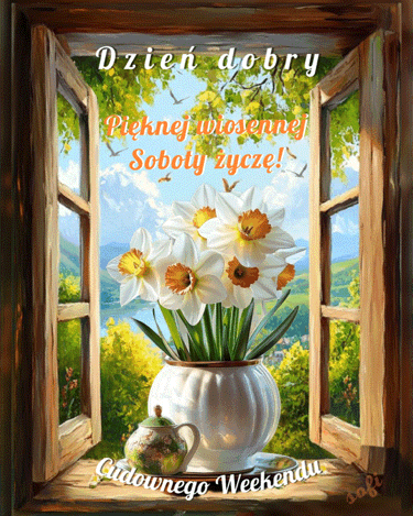 Bia�e �onkile w wazonie na tle otwartego okna z widokiem na wiosenne g�ry i napisy