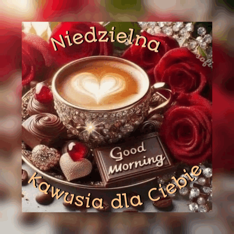 Elegancka fili�anka kawy z piank� w kszta�cie serca, czerwone r�e, czekoladki i napisy