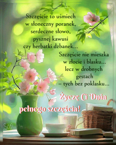 Zielony wazon z różowymi kwiatami, filiżanki, koszyk i napisy o szczęściu na słonecznym tle
