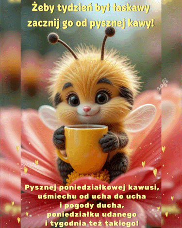 Puszysta pszczółka trzyma żółty kubek kawy, siedząc na czerwonym meksyku z napisem