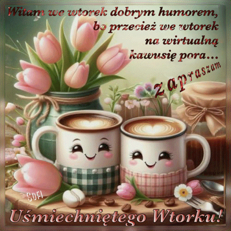 Dwie u�miechni�te fili�anki kawy, r�owe tulipany w wazonie, ziarna kawy i napisy powitalne