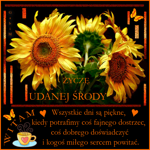 ��te s�oneczniki, fili�anka kawy, motyle i pomara�czowy napis �ycz� udanej �rody na czarnym tle