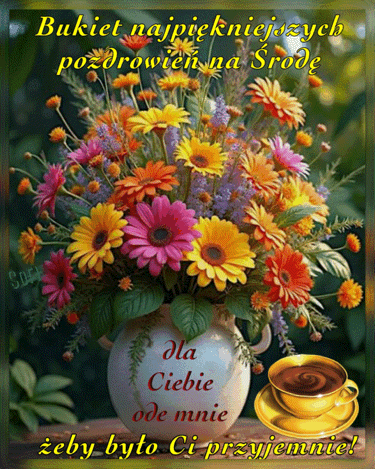 Kolorowy bukiet kwiat�w w wazonie z napisem, fili�anka kawy i pozdrowienia na �rod�