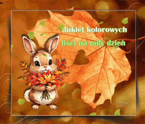 Br�zowy kr�liczek trzyma bukiet kolorowych li�ci na tle wielkiego li�cia z napisem