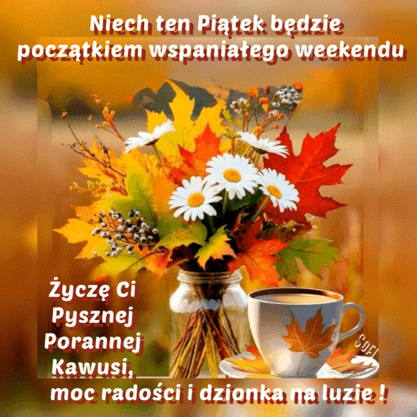 Bukiet jesiennych liści z białymi kwiatami w wazonie, filiżanka kawy i pozdrowienia