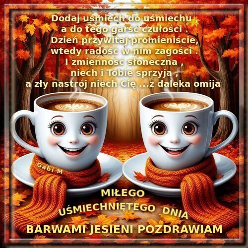 Dwie uśmiechnięte filiżanki kawy w pomarańczowych szalikach w jesiennym lesie z życzeniami