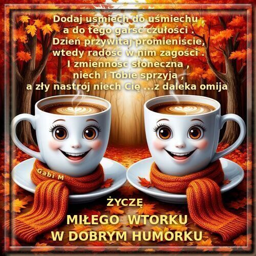 Dwie uśmiechnięte filiżanki kawy w pomarańczowych szalikach w jesiennej scenerii z liśćmi i napisem
