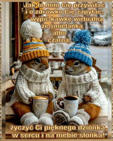 Dwie wiewi�rki w swetrach i czapkach pij� kaw� z kubk�w z serduszkiem z napisem