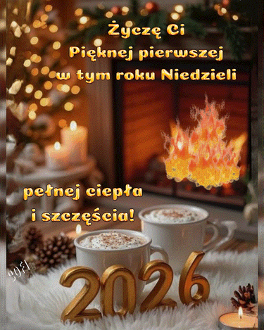 Dwie fili�anki kawy, z�ote cyfry 2026, p�on�cy kominek, �wiece i �yczenia niedzielne